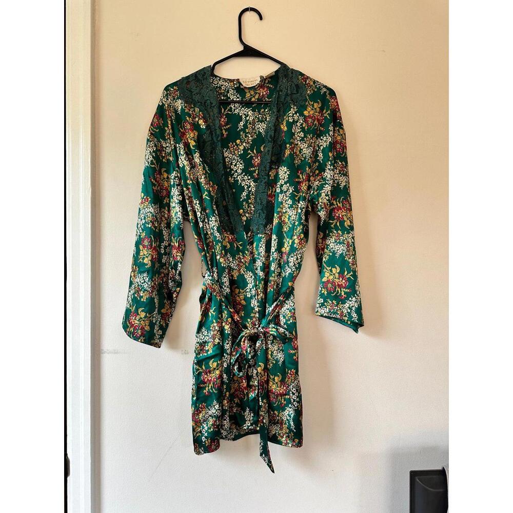 Victoria's Secret Green Floral Satin Robe & Teddy Set